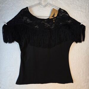 Y2K Sheer Lace Yoke Fringe Womens Top Sz 18‎ Latin Ballroom Dance Western Skater